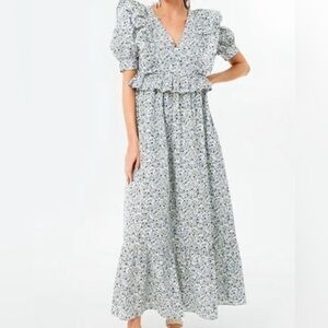 Hyacinth House Blue Floral Maxi Dress Puff Sleeve Ruffle Prairie Cottagecore XS